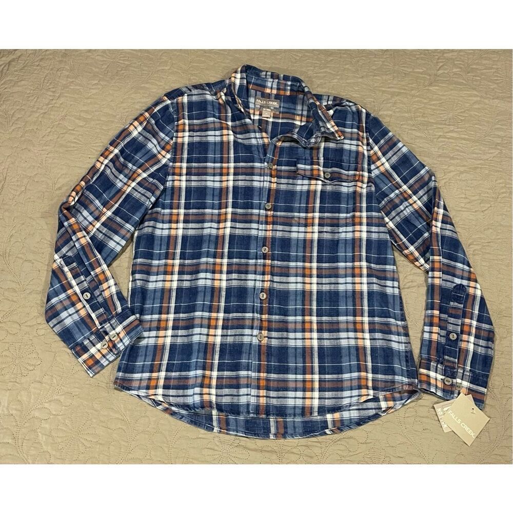 Falls Creek Men’s Button Up Flannel Blue Orange Medium New